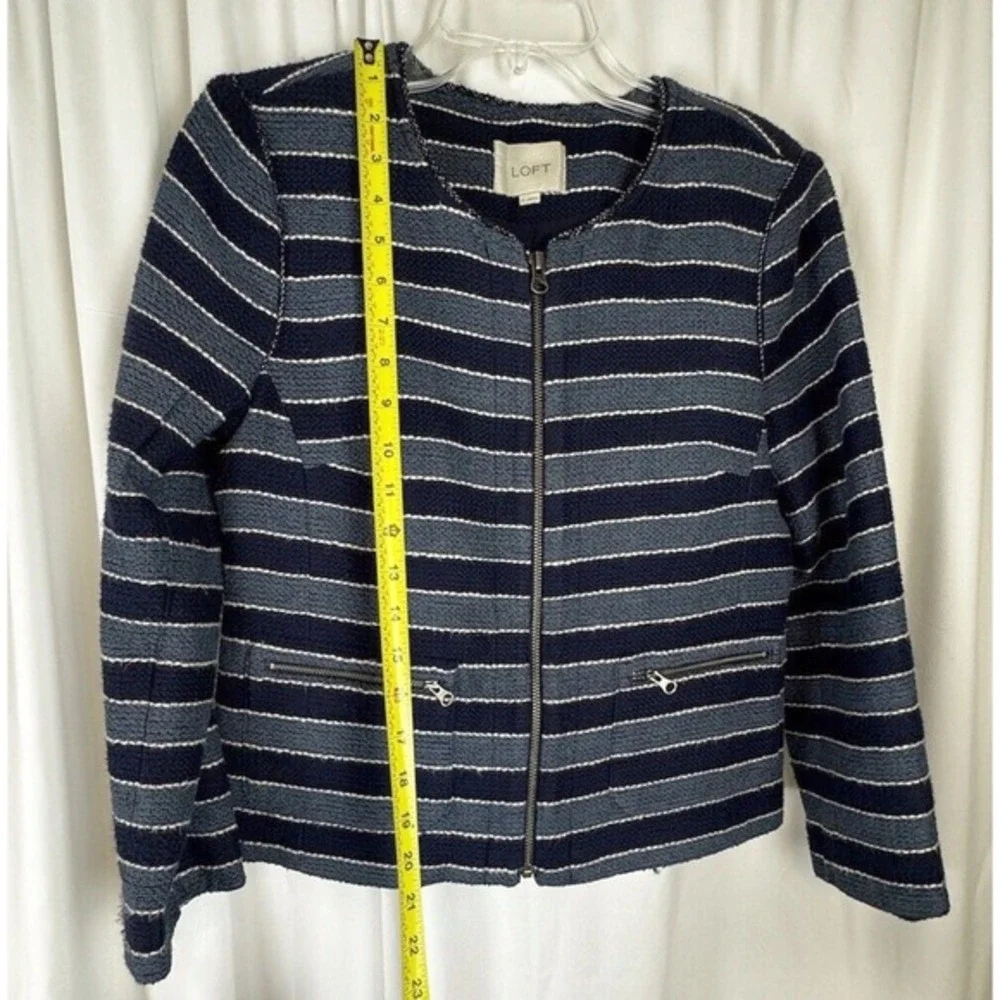 LOFT Navy Blue Striped Full Zip Textured‎ Cotton Blend Jacket 6 Nautical 53-11
